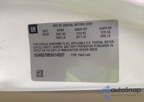 2009 Buick Lucerne Cxl из США, поврежденный, VIN 1G4HD57M59U149597